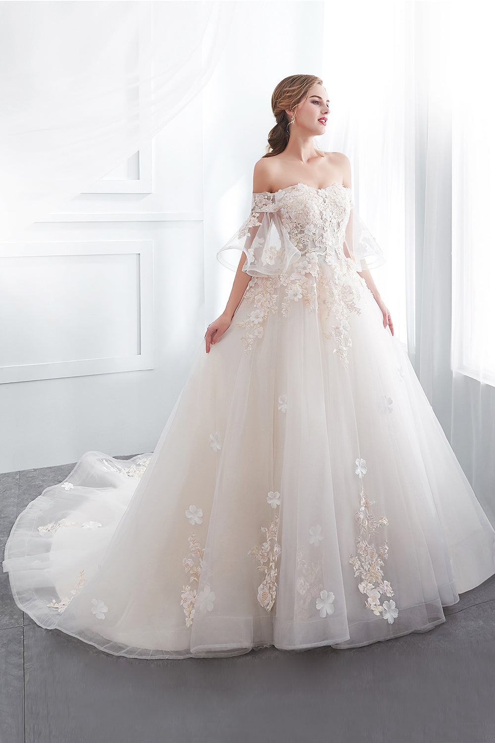 Off-the-shoulder Appliques Ball Gown Wedding Dress Online-27dress