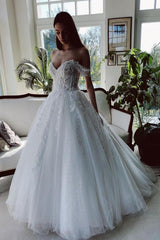 Off-the-Shoulder Ball Gown Wedding Dress With Appliques Sequins-27dress