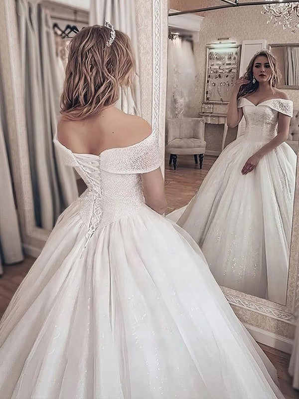 Off-the-shoulder Ball Gown Wedding Dress with Beading and Tulle Court Train