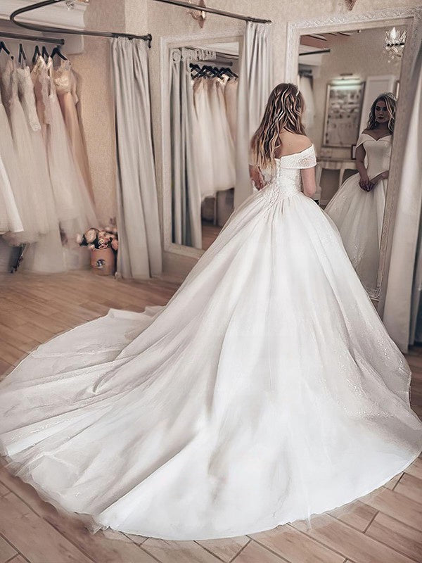 Off-the-shoulder Ball Gown Wedding Dress with Beading and Tulle Court Train