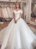 Off-the-shoulder Ball Gown Wedding Dress with Beading and Tulle Court Train