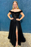 Off the Shoulder Black Feathers Long Prom Dress with Slit