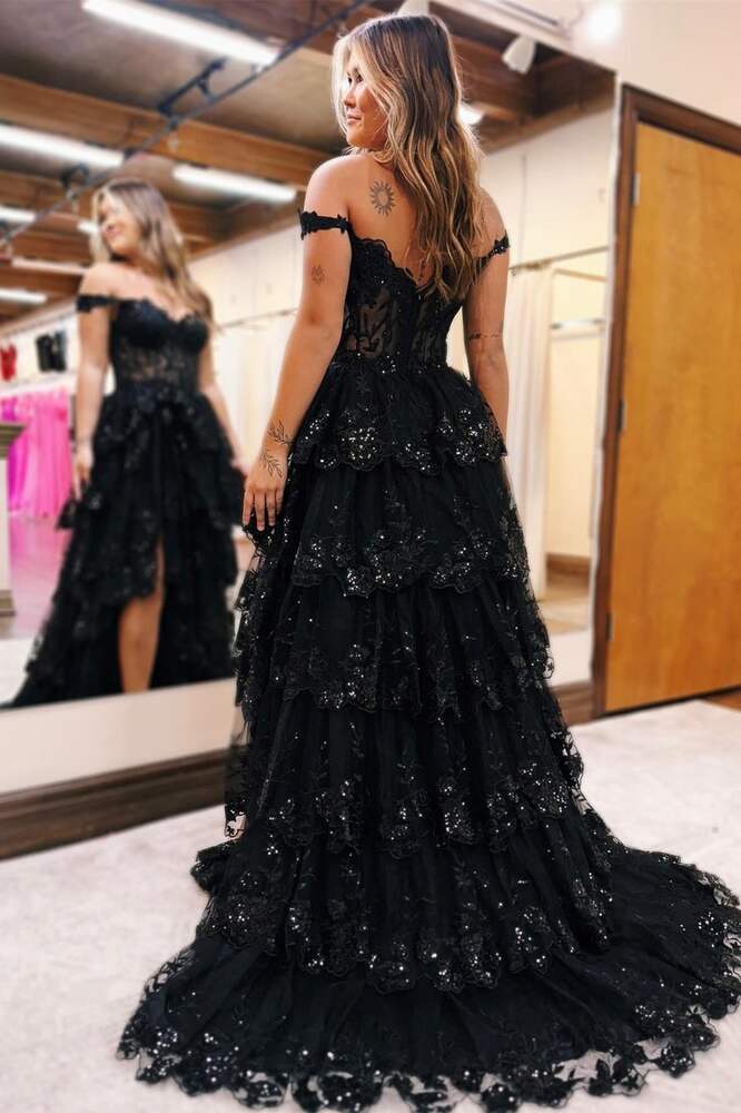 Off the Shoulder Black Lace Applique Tiered Prom Dress