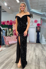 Off the Shoulder Black Sequins Hight Slit Prom Gown