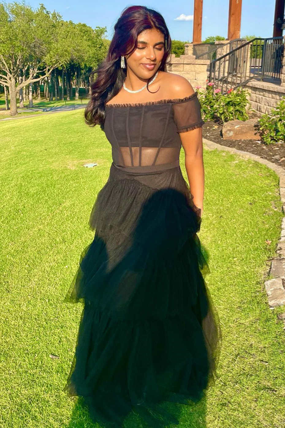 Off the Shoulder Black Tiered Tulle Long Prom Dress