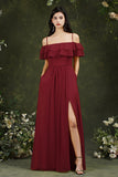 Off-the-Shoulder Bridesmaid Dress Ruffles With Slit-27dress