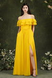 Off-the-Shoulder Bridesmaid Dress Ruffles With Slit-27dress