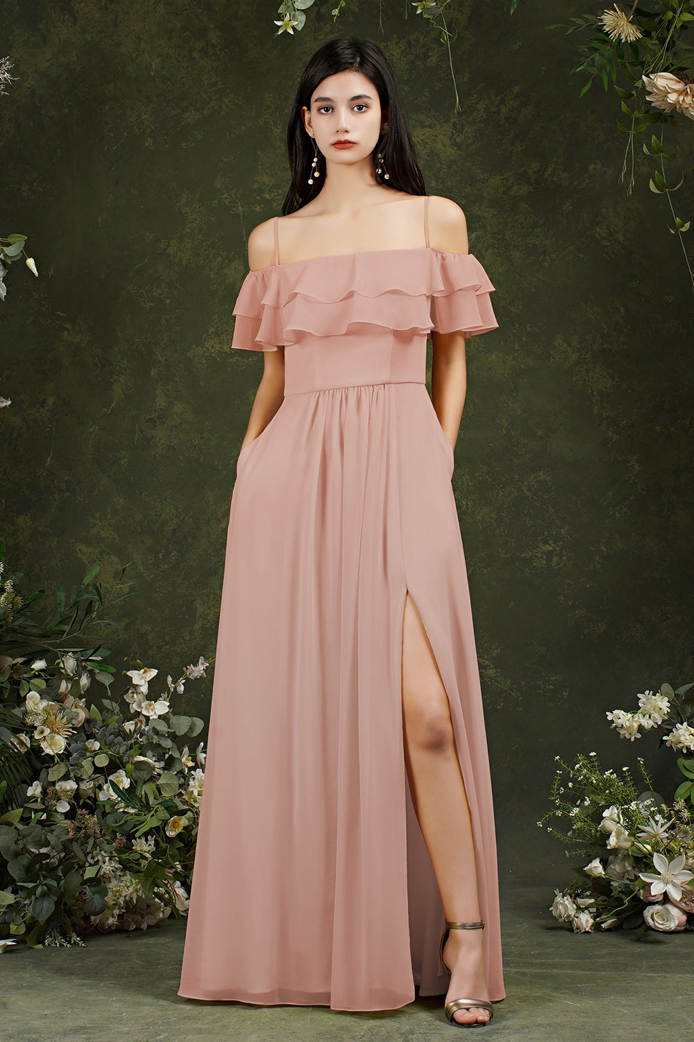 Off-the-Shoulder Bridesmaid Dress Ruffles With Slit-27dress