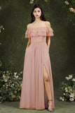 Off-the-Shoulder Bridesmaid Dress Ruffles With Slit-27dress