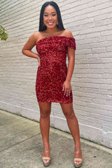 Off the Shoulder Burgundy Sequins Bodycon Homecoming Dress