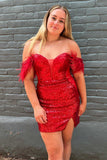 Off the Shoulder Feathered Red Sequin Homecoming Dress