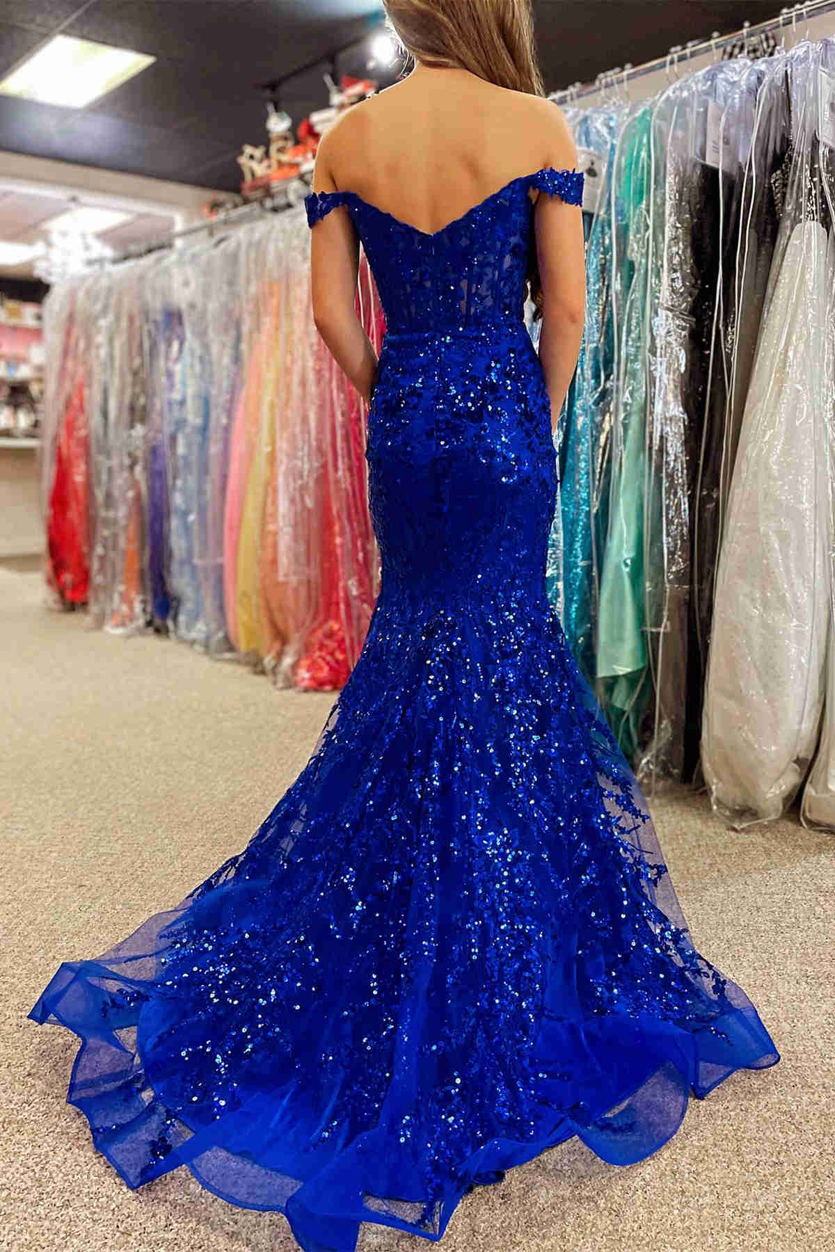 Off the Shoulder Gold Sequin Corset Mermaid Prom Dress with Slit