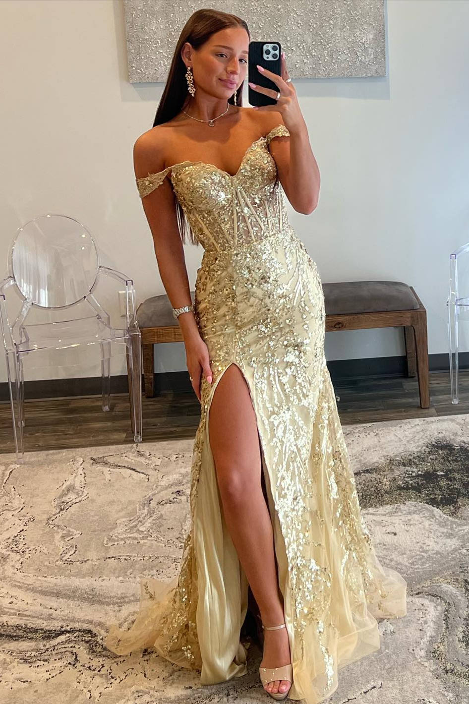 Off the Shoulder Gold Sequin Corset Mermaid Prom Dress with Slit