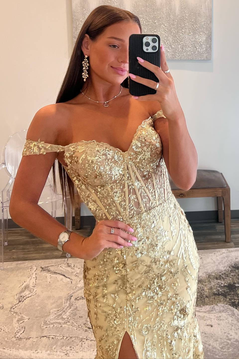 Off the Shoulder Gold Sequin Corset Mermaid Prom Dress with Slit