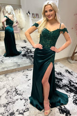 Off the Shoulder Hunter Green Slit Prom Dress with Appliques