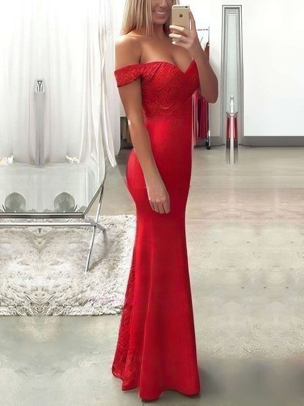 Off-the-shoulder Lace Stretch Crepe Prom Dress with Sashes and Ribbons