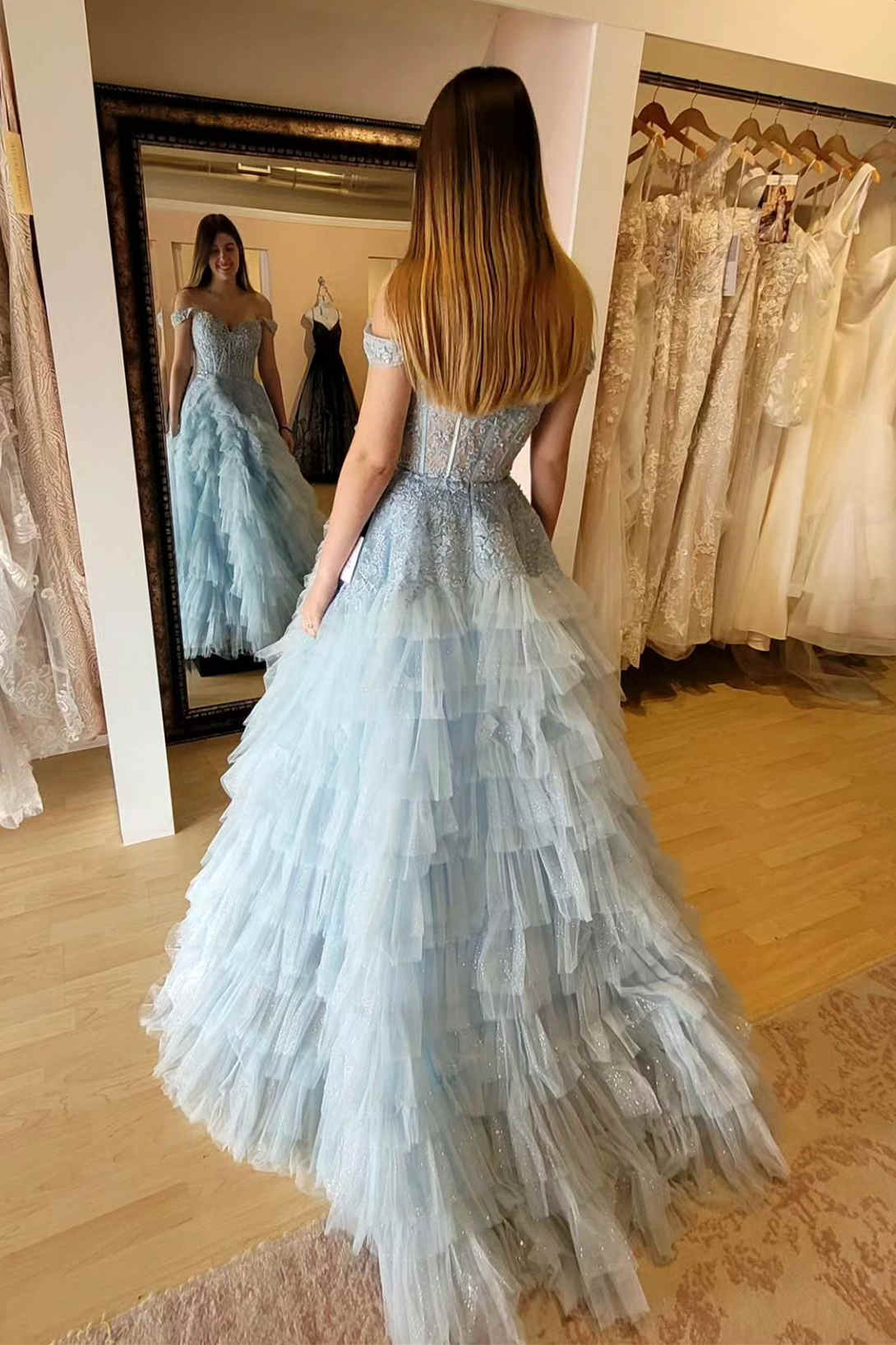 Off the Shoulder Light Blue Sheer Bodice Ruffle Tulle Prom Dress