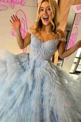 Off the Shoulder Light Blue Sheer Bodice Ruffle Tulle Prom Dress