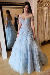 Off the Shoulder Light Blue Sheer Bodice Ruffle Tulle Prom Dress