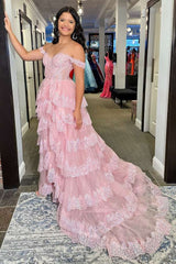 Off the Shoulder Light Pink Corset Tiered Long Prom Dress