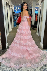 Off the Shoulder Light Pink Corset Tiered Long Prom Dress