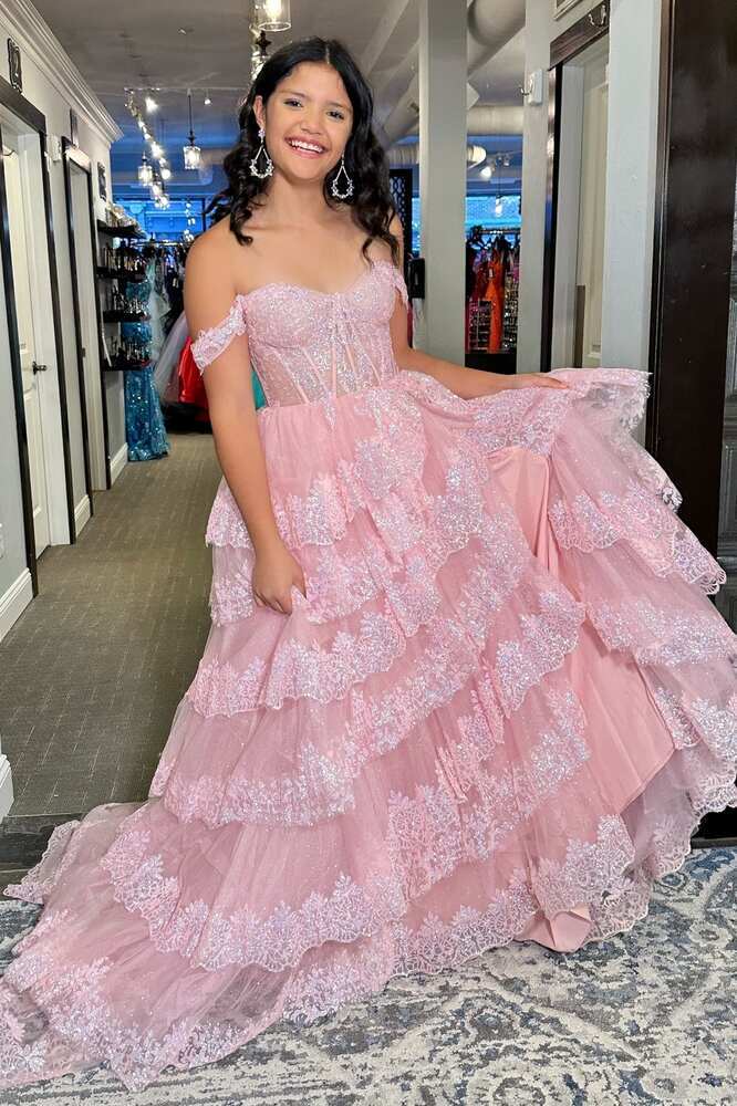 Off the Shoulder Light Pink Corset Tiered Long Prom Dress