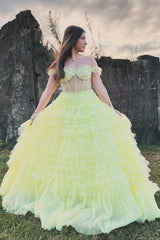 Off the Shoulder Light Yellow Ruffle Layered Prom Dress