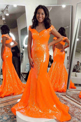 Off the Shoulder Orange Mermaid Long Prom Dress