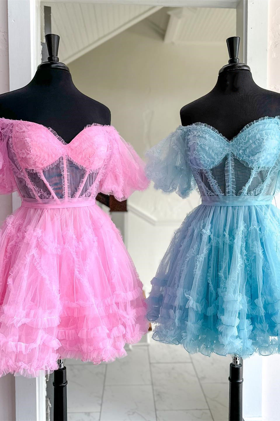 Off the Shoulder Pink Ruffles Tulle Homecoming Dress