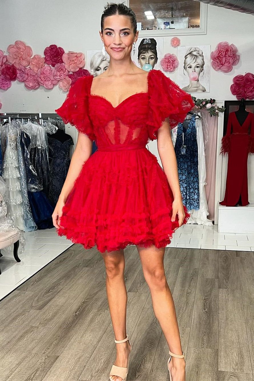 Off the Shoulder Pink Ruffles Tulle Homecoming Dress