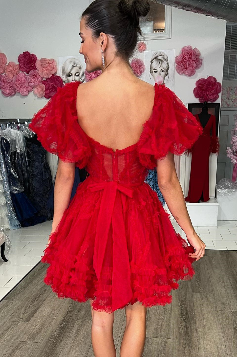 Off the Shoulder Pink Ruffles Tulle Homecoming Dress