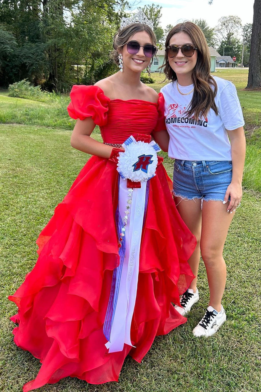 Off the Shoulder Red Balloon Sleeves Ruffle Layered Prom Dress