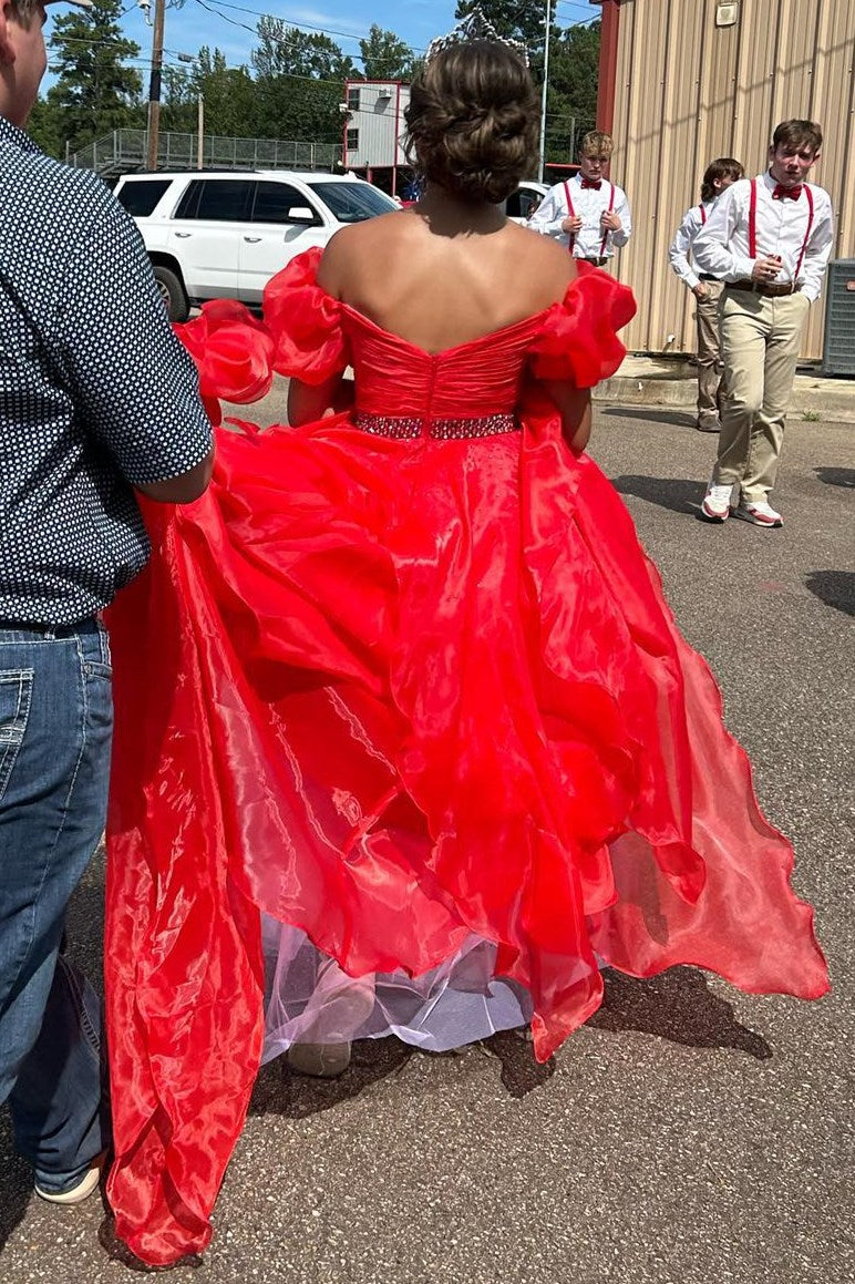 Off the Shoulder Red Balloon Sleeves Ruffle Layered Prom Dress