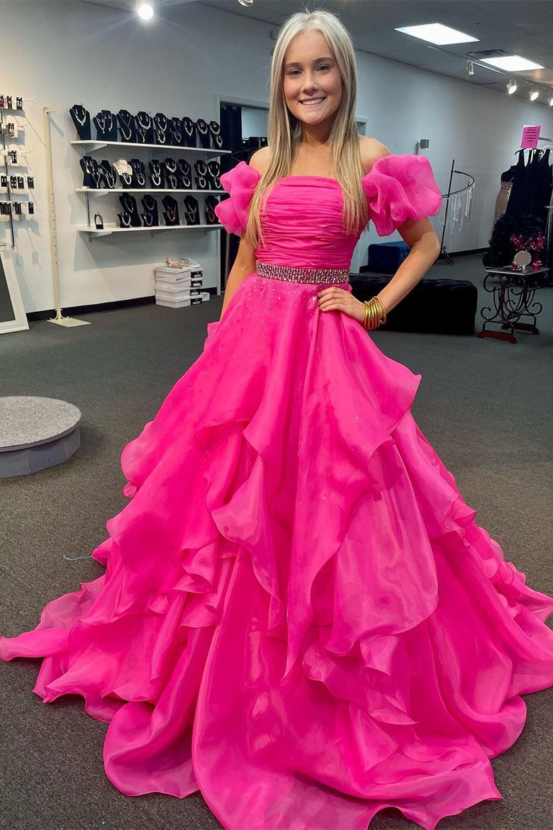 Off the Shoulder Red Balloon Sleeves Ruffle Layered Prom Dress