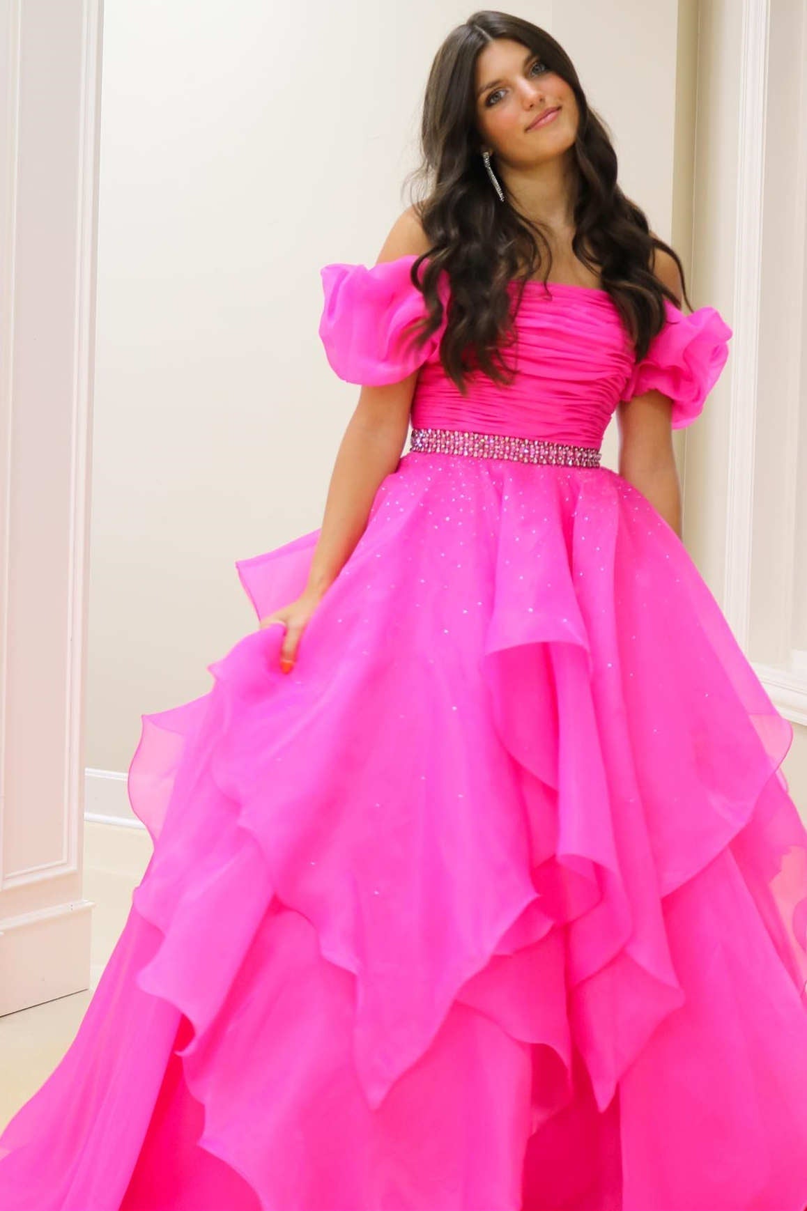 Off the Shoulder Red Balloon Sleeves Ruffle Layered Prom Dress