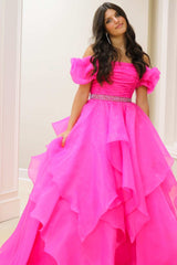 Off the Shoulder Red Balloon Sleeves Ruffle Layered Prom Dress