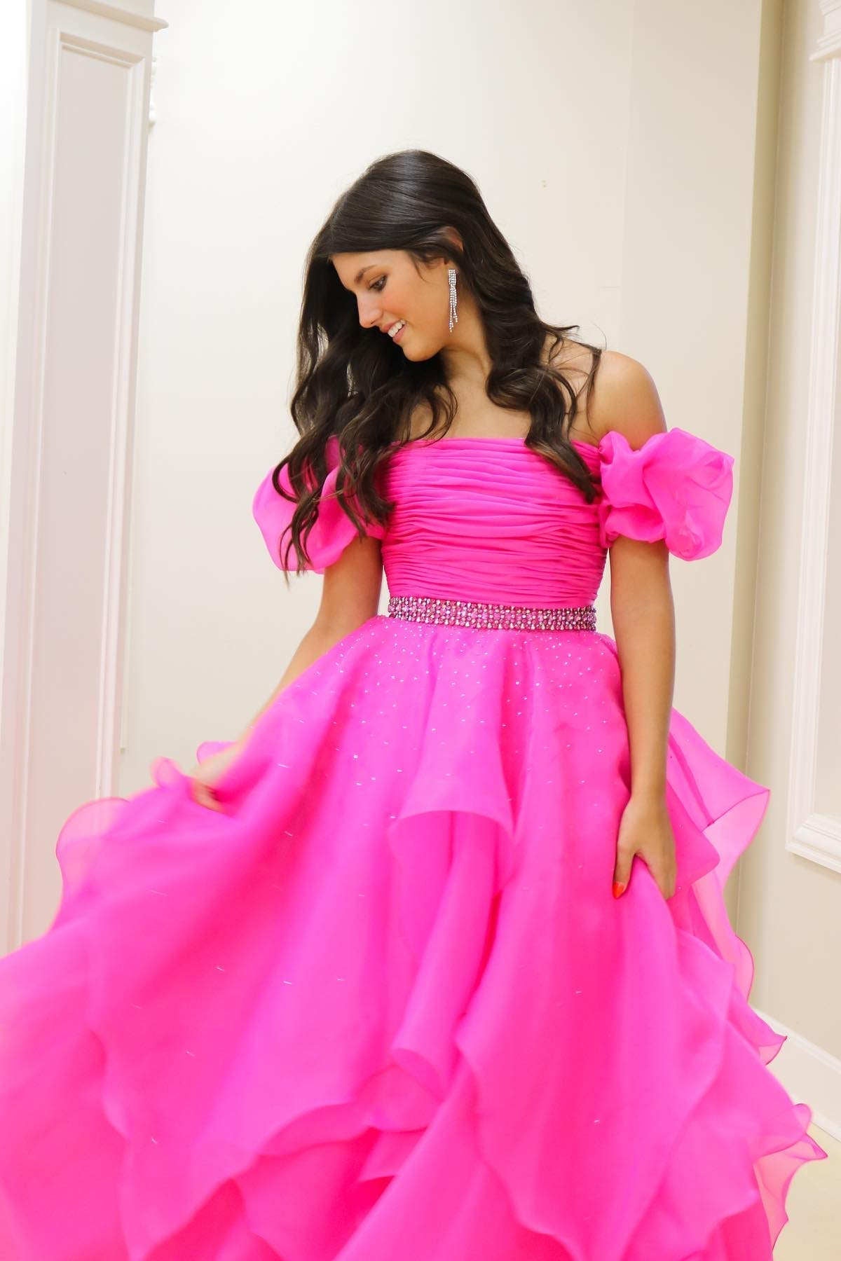 Off the Shoulder Red Balloon Sleeves Ruffle Layered Prom Dress