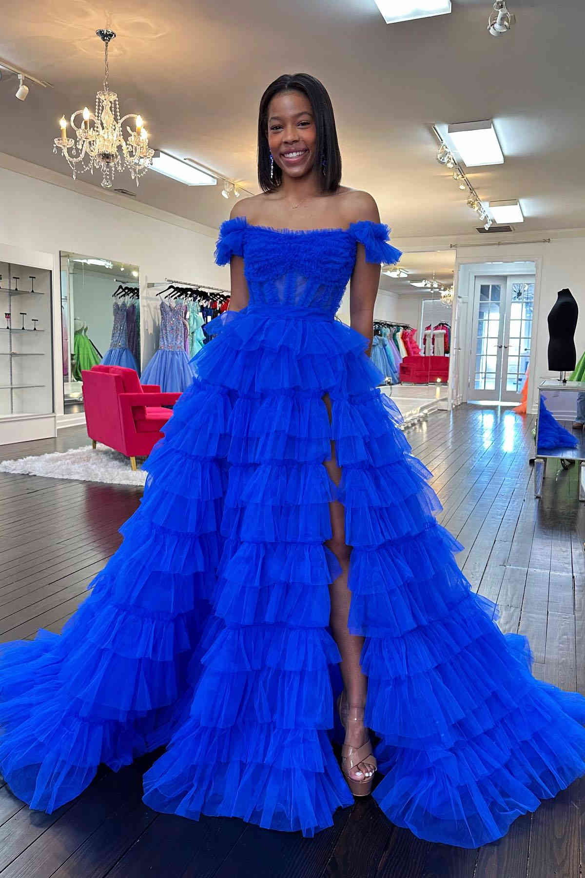 Off the Shoulder Ruffle Red Layered Tulle Prom Dress with Slit