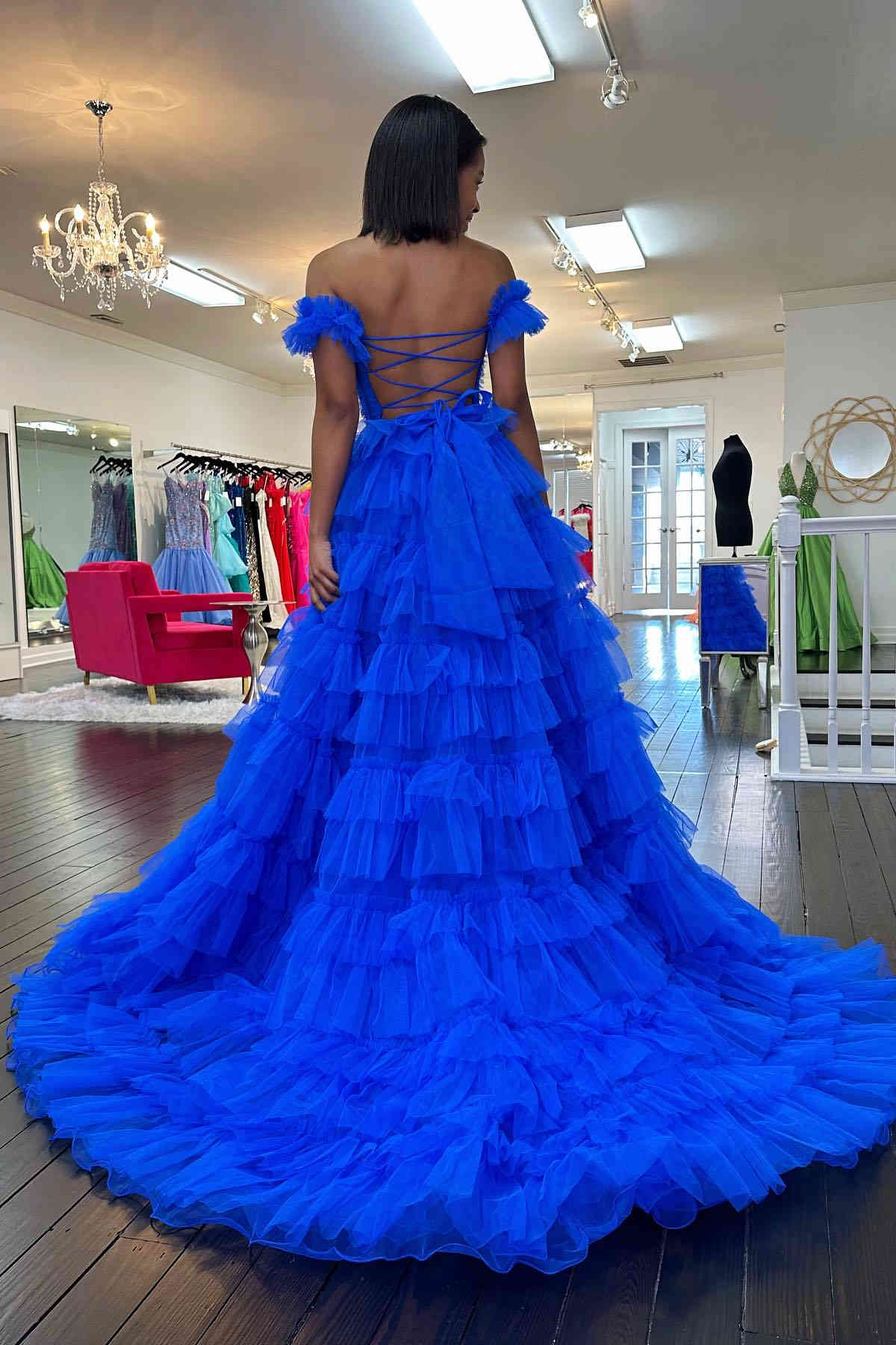 Off the Shoulder Ruffle Red Layered Tulle Prom Dress with Slit