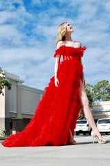 Off the Shoulder Ruffle Red Layered Tulle Prom Dress with Slit