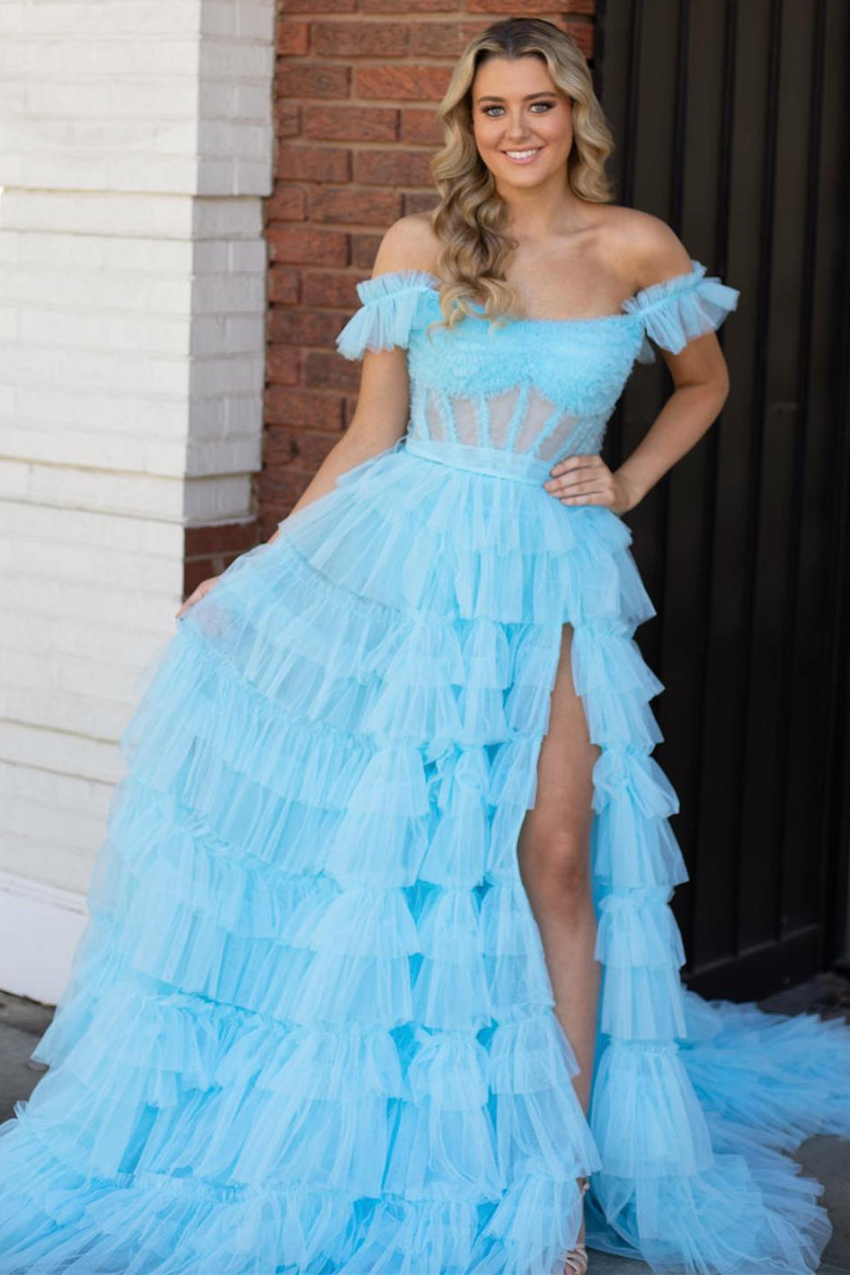 Off the Shoulder Ruffle Red Layered Tulle Prom Dress with Slit