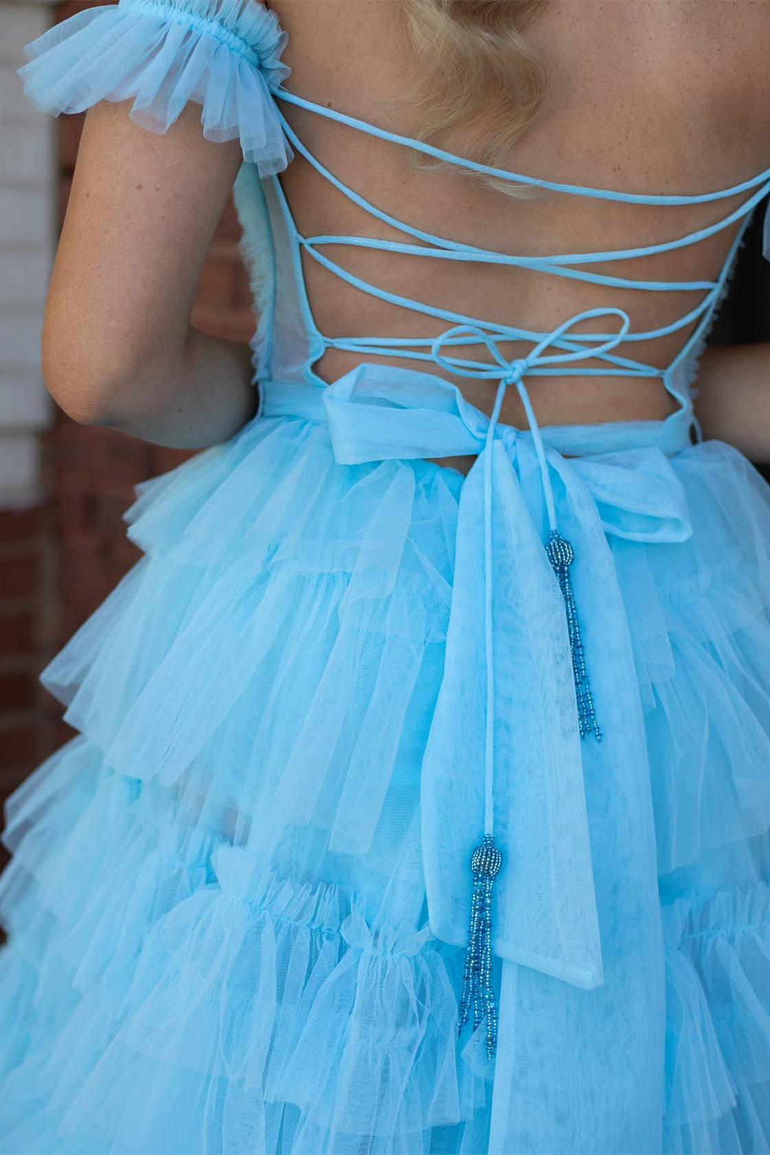 Off the Shoulder Ruffle Red Layered Tulle Prom Dress with Slit