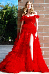 Off the Shoulder Ruffle Red Layered Tulle Prom Dress with Slit