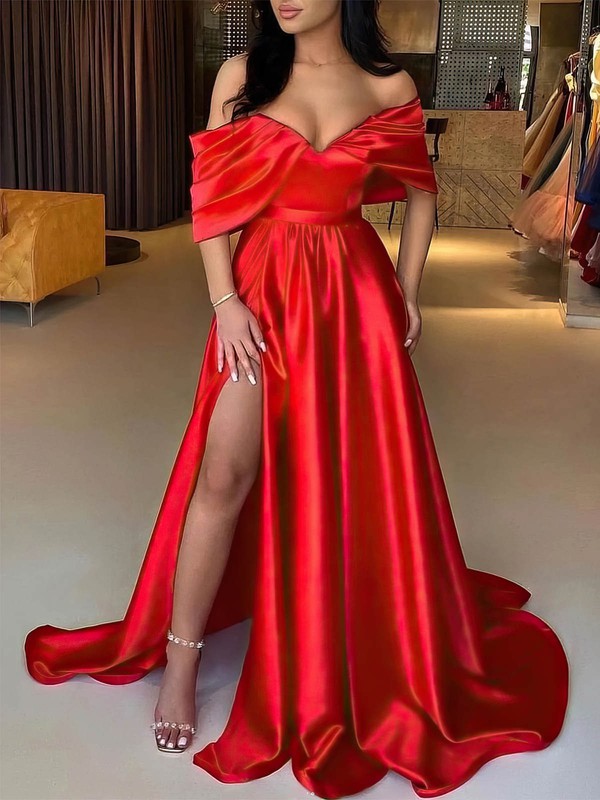 Off-the-shoulder Satin Ruffles Prom Dresses ¨C Ball Gown/Princess Sweep Train