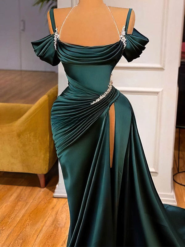 Off-the-Shoulder Satin Sweep Train Prom Dress with Split Front Sheath/Column