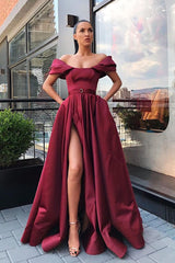 Off the Shoulder Side Slit Burgundy Prom Dress with Belt