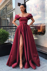 Off the Shoulder Side Slit Burgundy Prom Dress with Belt