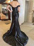 Off-the-shoulder Silk-like Satin Sheath/Column Prom Dress with Ruffled Sweep Train