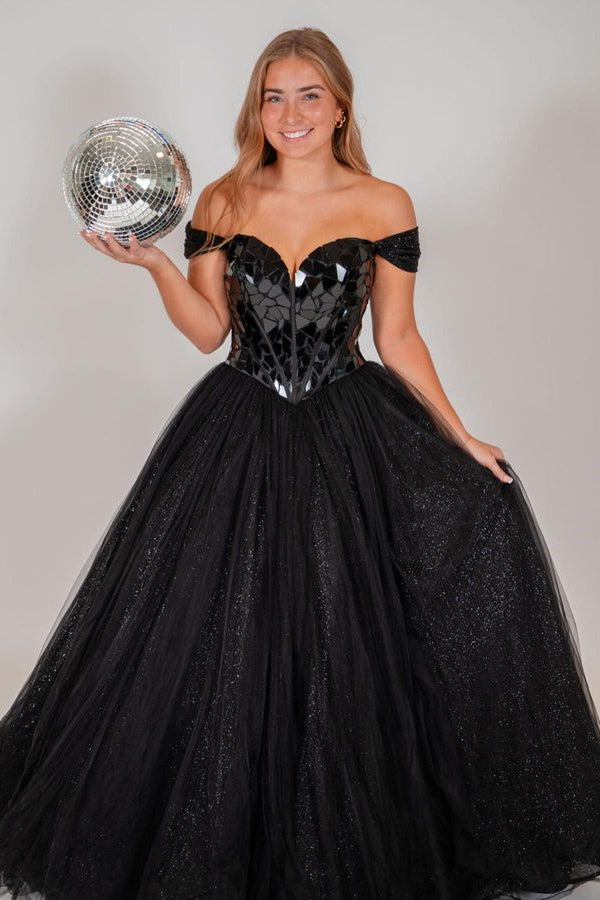 Off the Shoulder Silver Mirror Sequin A-Line Prom Dres