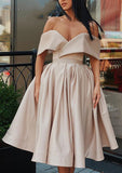 Off-the-Shoulder Sleeveless Satin Knee-Length Homecoming Dress with Ruffles-27dress